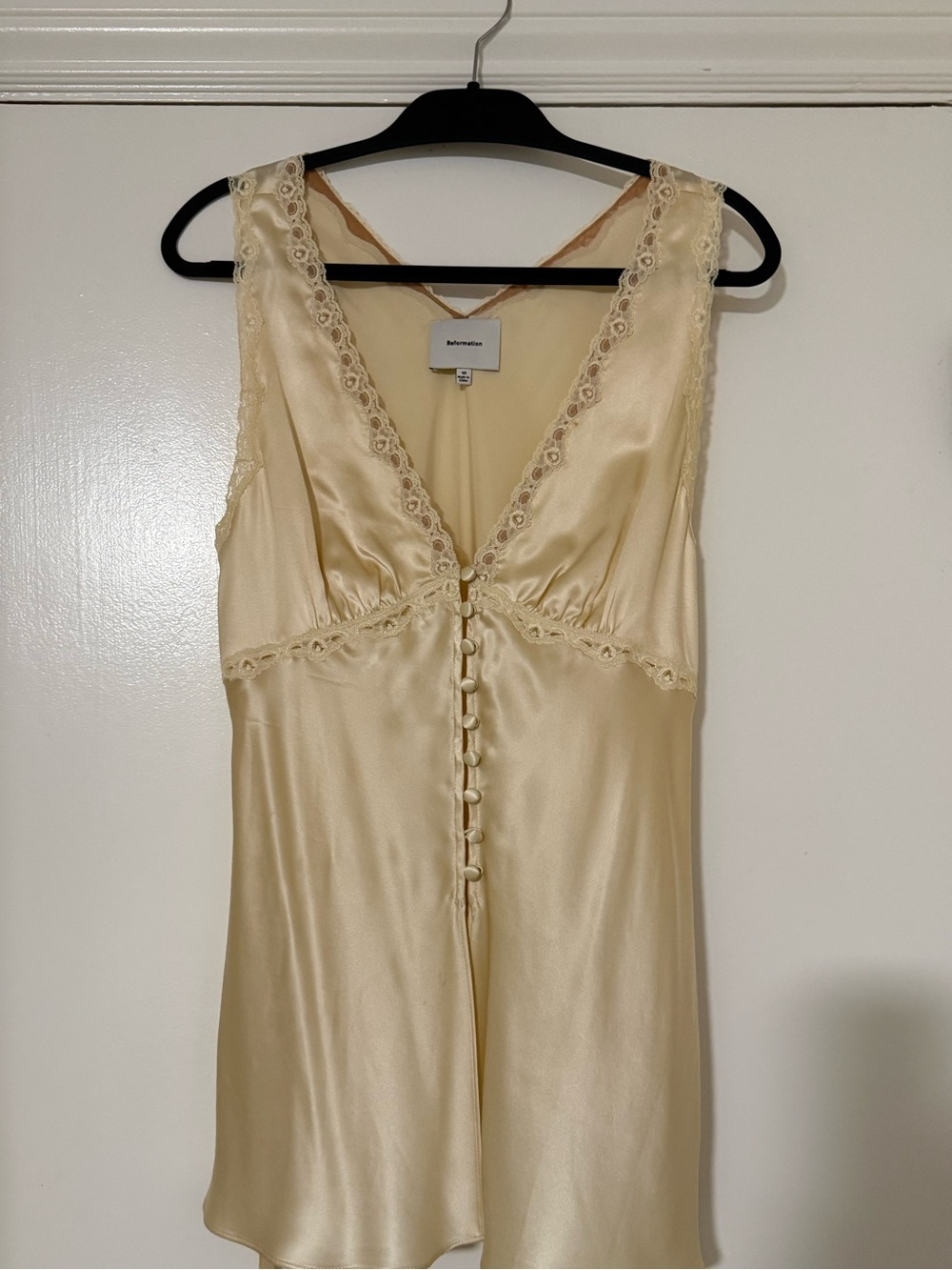 Reformation Satin Lace-Trim Chemise Slip in Butter Champagne